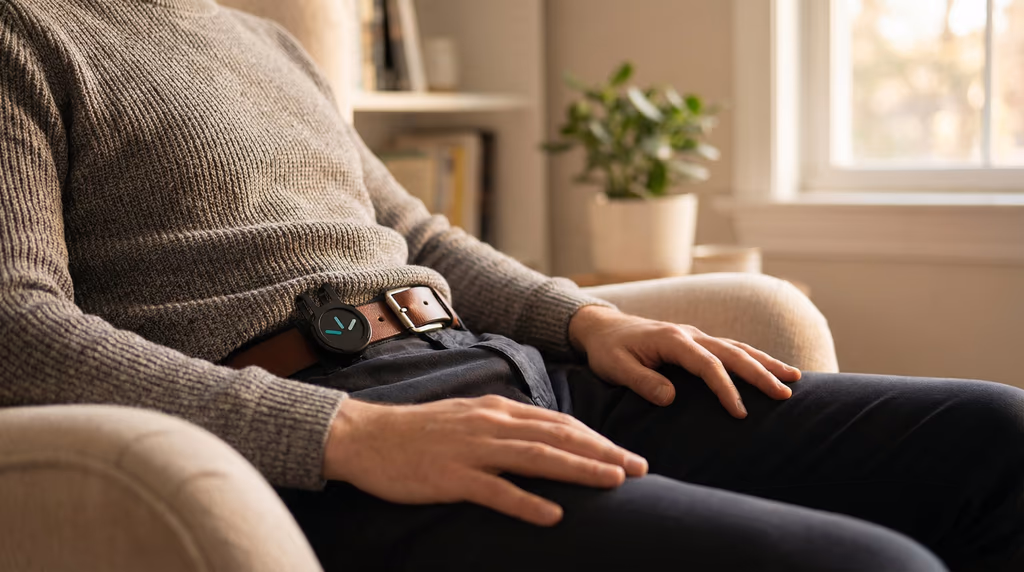 A person is seated indoors, wearing a sweater and a device on their belt.