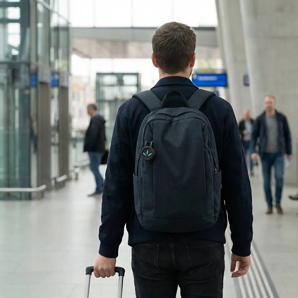 A person with a backpack and rolling luggage walks through a modern indoor public space.