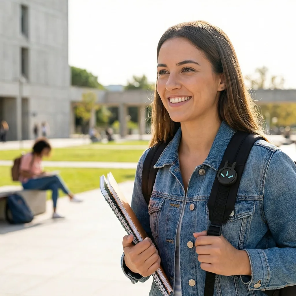 A smiling student walks outdoors on a university campus carrying a backpack and notebooks.