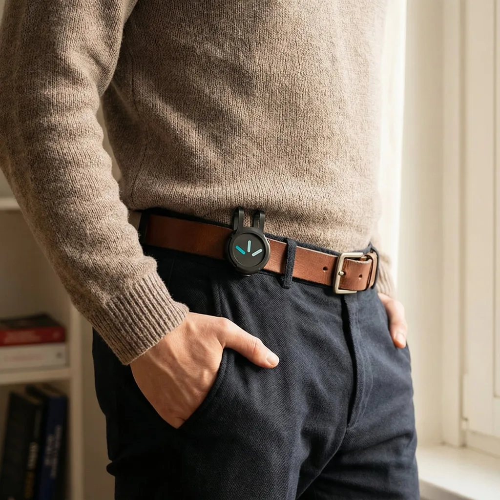 Close-up of a person standing by a window, wearing a round device clipped to a belt.