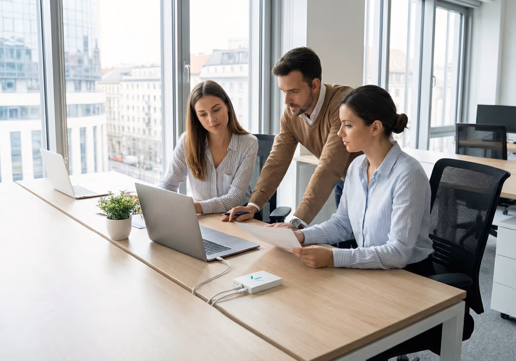 Professional wearing an Alarmira device on a belt clip
